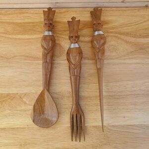 VTG Hand Carved Wood African Ubangi Utensil Set Of 3 Spoon Fork Knife MCM Kitsch
